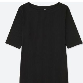 ユニクロ(UNIQLO)のリブボートネックT(黒)(Tシャツ(長袖/七分))