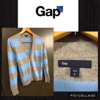 ギャップ(GAP)のGap 長袖 Vネック カーデ コットンニット薄手 ボーダー レディースS 美品(カーディガン)