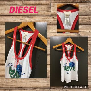 ディーゼル(DIESEL)のDIESEL タンクトップ リボン ロゴプリ ラメ ストレッチ S 美品(タンクトップ)