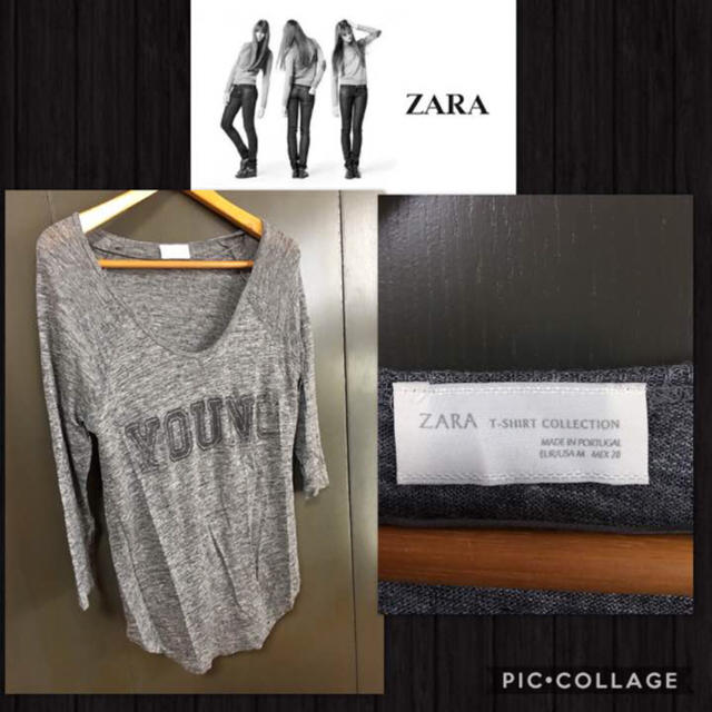 ZARA(ザラ)のZARA 長袖 カットソー リネン生地 ロゴプリント レディースM ポルトガル製 レディースのトップス(カットソー(長袖/七分))の商品写真