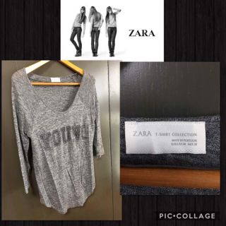 ザラ(ZARA)のZARA 長袖 カットソー リネン生地 ロゴプリント レディースM ポルトガル製(カットソー(長袖/七分))