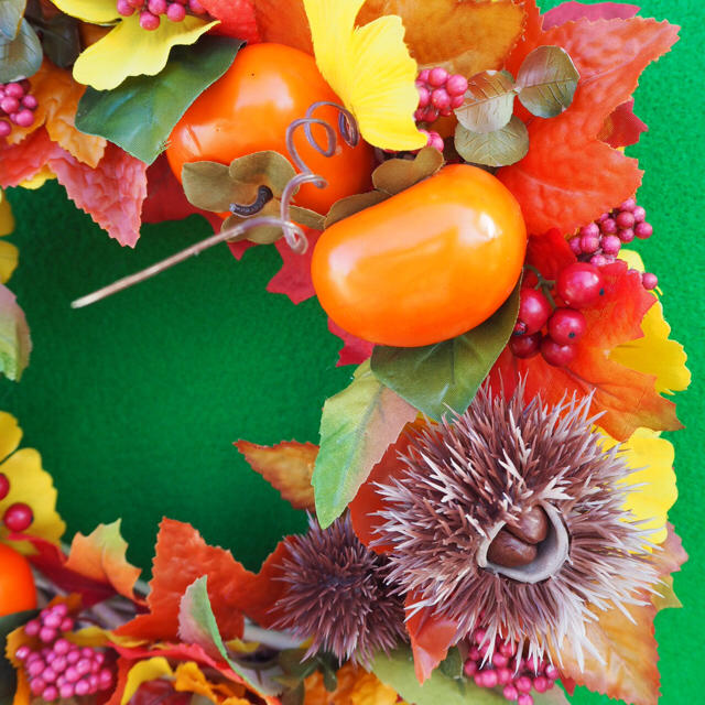 柿と栗のオータムリース(35㎝ 3Lサイズ) ハンドメイドのフラワー/ガーデン(リース)の商品写真