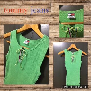 トミーヒルフィガー(TOMMY HILFIGER)のtommy jeans タンクトップ 胸元編み上げ ストレッチXS スリランカ製(タンクトップ)