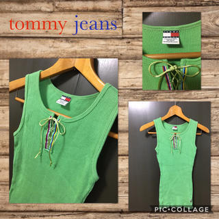 トミーヒルフィガー(TOMMY HILFIGER)のtommy jeans タンクトップ 胸元編み上げ ストレッチXS スリランカ製(タンクトップ)