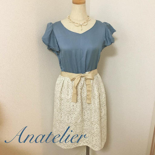 anatelier(アナトリエ)のアナトリエ レース バイカラー 異素材 ワンピース 38 リボン ボンメルスリー レディースのワンピース(ひざ丈ワンピース)の商品写真