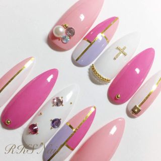 ロングポイント♡艶ジェル♡ショキピン 紫 パレット柄 Rady 系 ネイル