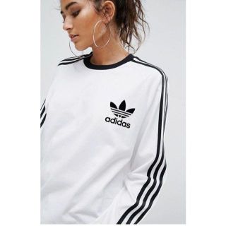 アディダス(adidas)の★adidas★3ストライプス ロング スリーブ Tシャツホワイト 【Ｍ～Ｌ】(Tシャツ/カットソー(七分/長袖))