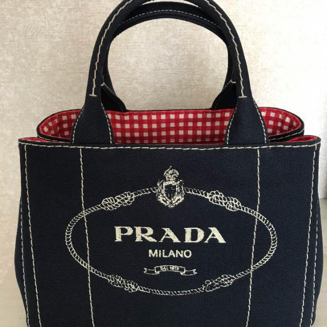 保存版】 PRADA - ギンガムチェック×ネイビー カナパ プラダ トート ...