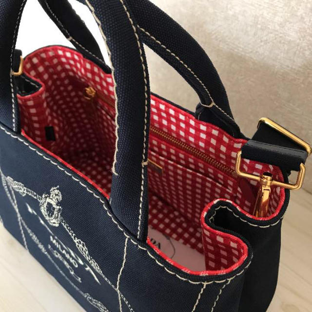 代引可】 PRADA ギンガムチェック×ネイビー カナパ プラダ - トート