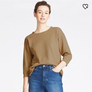 ユニクロ(UNIQLO)のUNIQLO　ワッフルクルーネックT　ブラウン　新品未使用　インスタ　送料込(カットソー(長袖/七分))