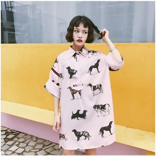 ❤犬柄シャツ【ピンク】 ビッグシルエット ワンピース レトロ シュプリーム 系(ミニワンピース)