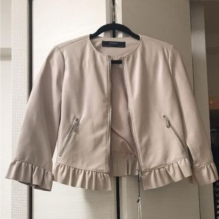 ザラ(ZARA)のノーカラー フリル ライダースジャケット(ライダースジャケット)