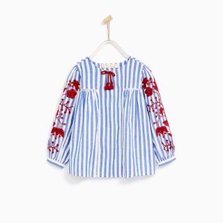 ザラキッズ(ZARA KIDS)のzarakids 刺繍入りストライプ柄ルーズフィットブラウス(ブラウス)