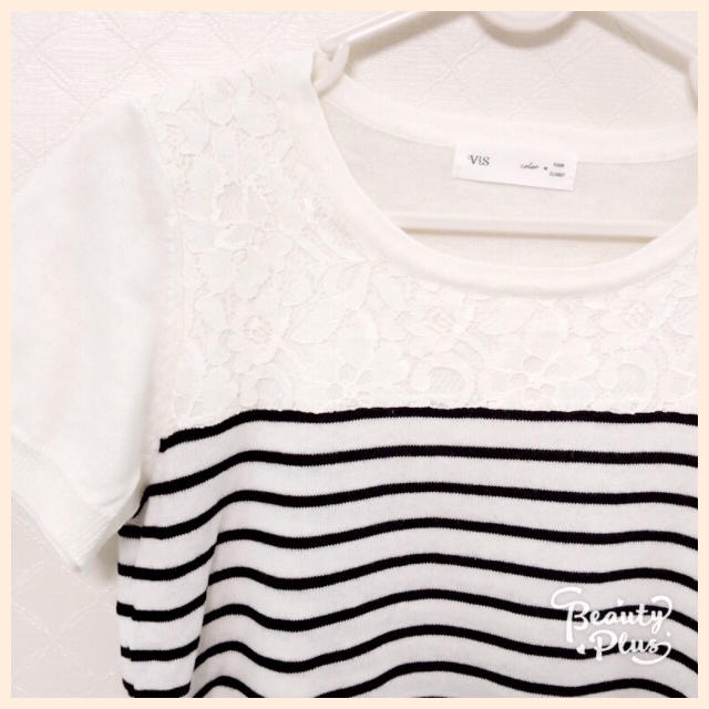 PROPORTION BODY DRESSING(プロポーションボディドレッシング)の【Vis】レースボーダー半袖ニット♡クルーネック レディースのトップス(ニット/セーター)の商品写真