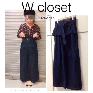 ダブルクローゼット(w closet)の今季AW新作☆コルセットベルト付きデニムワイドパンツ ネイビー(デニム/ジーンズ)