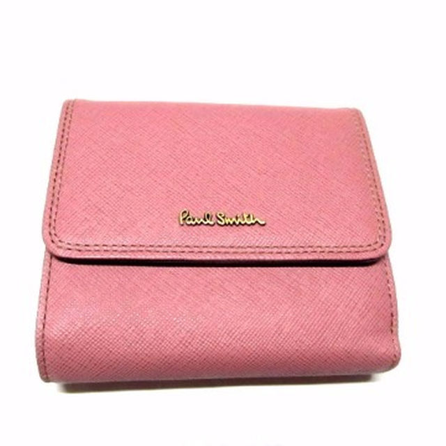 ピンクサイズ新品ポールスミスPaulSmith二つ折り財布クロスグレイン牛革