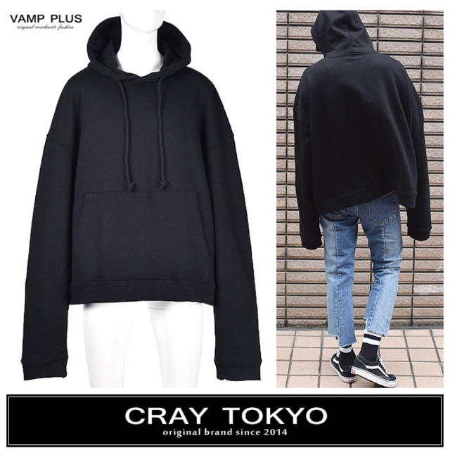 CRAY TOKYO ブラック ロングスリーブ ワイドリブ スウェット パーカー