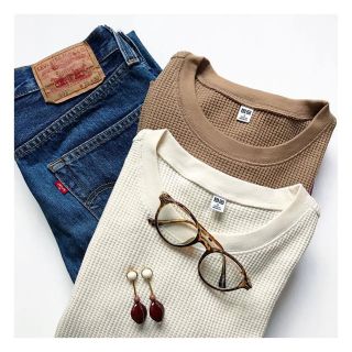 ユニクロ(UNIQLO)のユニクロ ワッフルクルーネックT ブラウン(Tシャツ(長袖/七分))