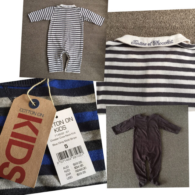 babyGAP(ベビーギャップ)のbabyGap足付きカバーオール70/コットンオンニット5T/bebeボーダー キッズ/ベビー/マタニティのベビー服(~85cm)(カバーオール)の商品写真