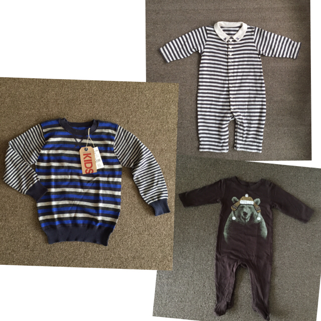 babyGAP(ベビーギャップ)のbabyGap足付きカバーオール70/コットンオンニット5T/bebeボーダー キッズ/ベビー/マタニティのベビー服(~85cm)(カバーオール)の商品写真