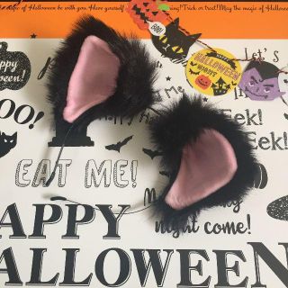 黒 ふわふわ猫耳 カチューシャ コスプレ ハロウィンクリックポスト(小道具)