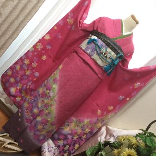 女子力高いピンク花柄  正絹お振袖   単品(振袖)