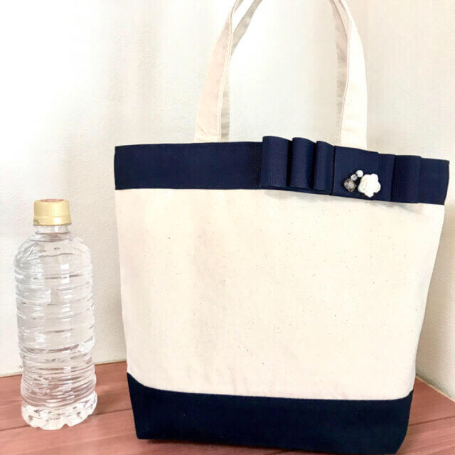 大人可愛い♫グログランリボンキャンバストート ネイビー 紺 ランバン フォクシー ハンドメイドのファッション小物(バッグ)の商品写真