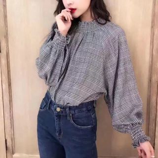 グレンチェック ボリューム袖 パフスリーブ ブラウス トップス ZARA 系(シャツ/ブラウス(長袖/七分))