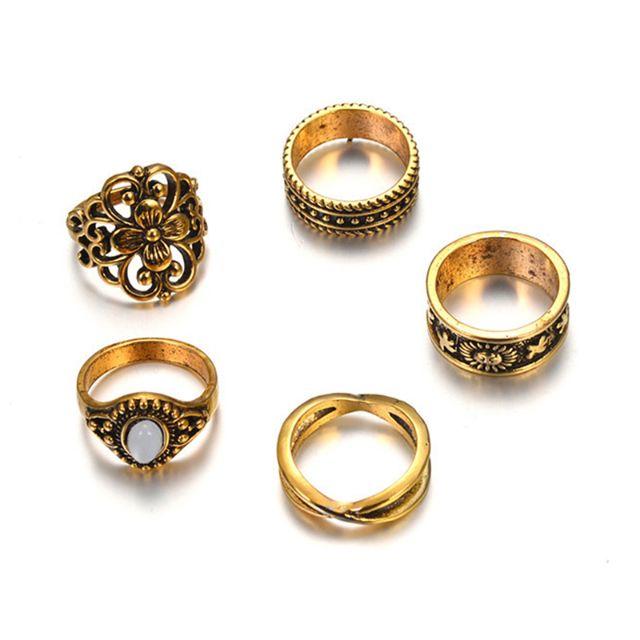 リング 指輪 5個セット 花 平打ち 彫 ストーン クロス ゴールド シルバー レディースのアクセサリー(リング(指輪))の商品写真
