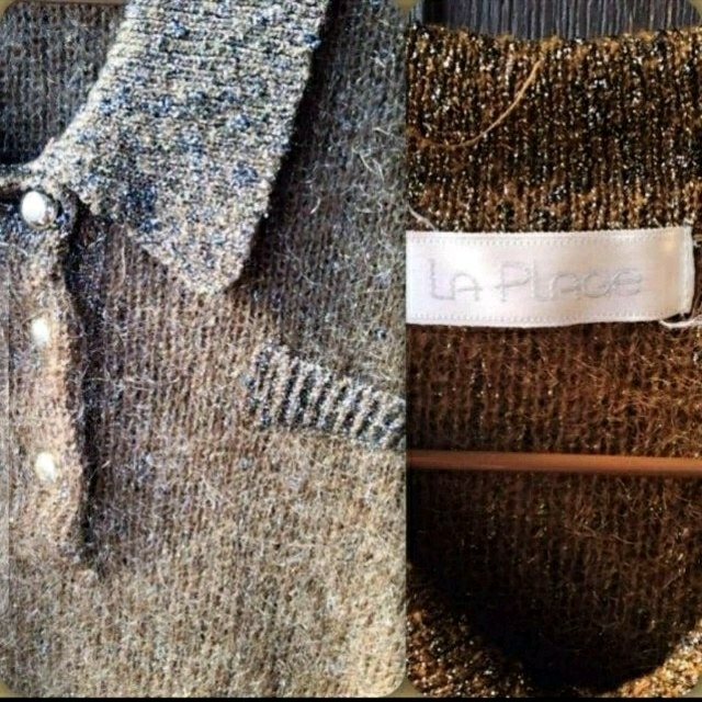 Grimoire(グリモワール)の古着屋キラキラえりオリーブグリーンモヘアニット レディースのトップス(ニット/セーター)の商品写真