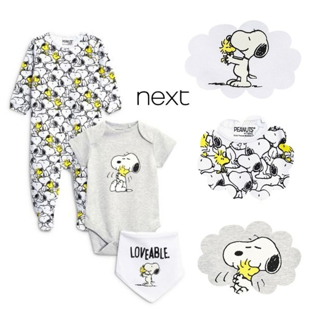 NEXT(ネクスト)のNo.o12✽NEXTbaby♡Snoopyスリープスーツ*ボディスーツ*スタイ キッズ/ベビー/マタニティのベビー服(~85cm)(カバーオール)の商品写真