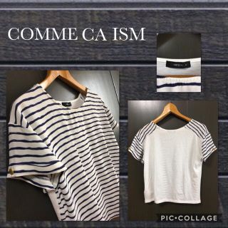 コムサイズム(COMME CA ISM)のコムサイズム 半袖カットソー かすれボーダー 袖折り返 シフォン M 美品訳あり(カットソー(半袖/袖なし))