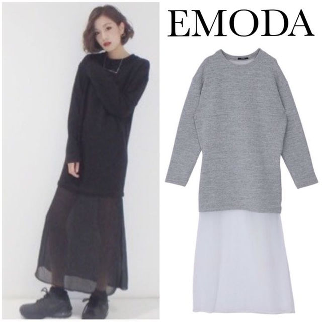 EMODA(エモダ)の新品 エモダ シアー レイヤード ワンピース スウェット ジェイダ.マウジー系 レディースのワンピース(ひざ丈ワンピース)の商品写真