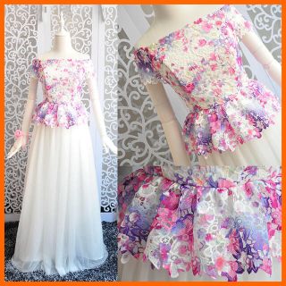 ■新品■ 水彩柄オフショル&ぺプラム　ロングドレス　【白】1860167(ロングドレス)