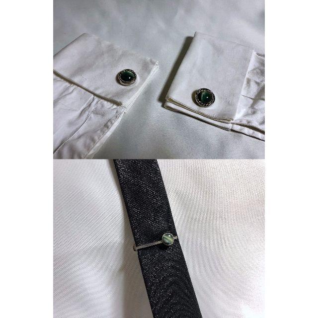 大粒グリーンマーブルストーン装飾カフス ショートタイピン セット ドーム型ボタン メンズのファッション小物(カフリンクス)の商品写真