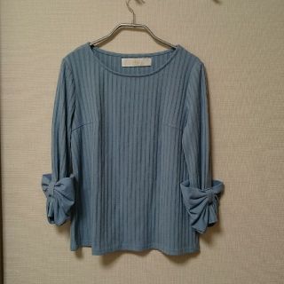 トッコ(tocco)のtocco リボン袖 七分袖 リブニットソー(ブルー)(シャツ/ブラウス(長袖/七分))