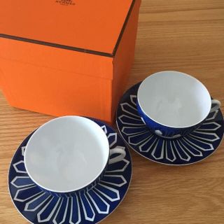 エルメス(Hermes)のエルメス ブルーダイユール モーニングカップ&ソーサー ペア 2客セット(食器)