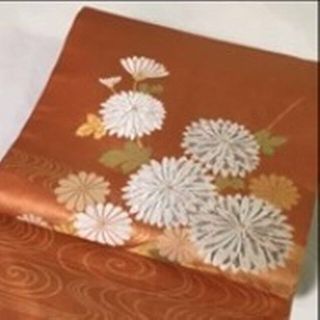 【009 】正絹名古屋帯 オレンジ 菊 竹垣 金糸 銀糸帯をお着物に #381(帯)