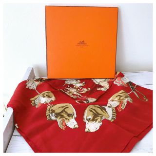 エルメス(Hermes)のエルメス HERMES シルク スカーフ 犬柄 レッド 美品 正規品 (バンダナ/スカーフ)