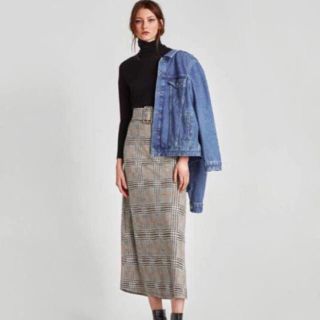 ザラ(ZARA)のZARA チェック ロング ベルト付き (ロングスカート)