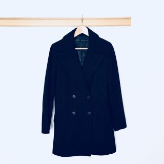 ザラ(ZARA)のZARA ダブル チェスターコート ウール 黒 ブラック(ロングコート)