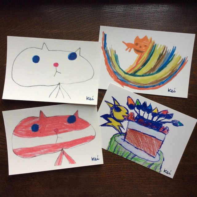 自閉症の小さなアーティスト＂Ｋｅｉちゃん＂イラストポストカード 猫セット エンタメ/ホビーのコレクション(使用済み切手/官製はがき)の商品写真