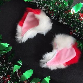 ふわふわ 猫耳 カチューシャ 赤×白 クリスマス コスプレ(小道具)