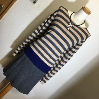 シューラルー(SHOO・LA・RUE)の♡シューラルー ニットワンピ グレーx茶系 ボーダー 美品 L(ひざ丈ワンピース)