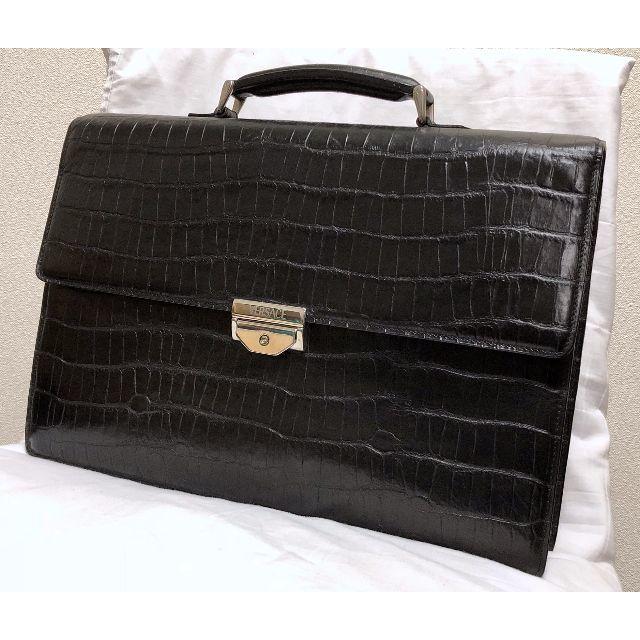 特価ブランド Gianni Versace - ヴェルサーチ ロゴ金具×クロコ調レザー ビジネスバッグ黒 ブリーフケース 書類鞄 ビジネスバッグ