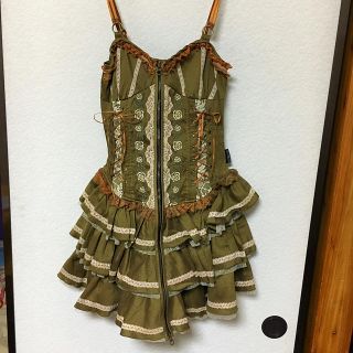 オッズオン(OZZON)のozz oneste ビスチェドレス 薔薇刺繍 カーキ色(ひざ丈ワンピース)