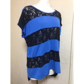 アズールバイマウジー(AZUL by moussy)のAZUL by moussy◆ブルー×黒◆レースボーダーカットソー(カットソー(半袖/袖なし))