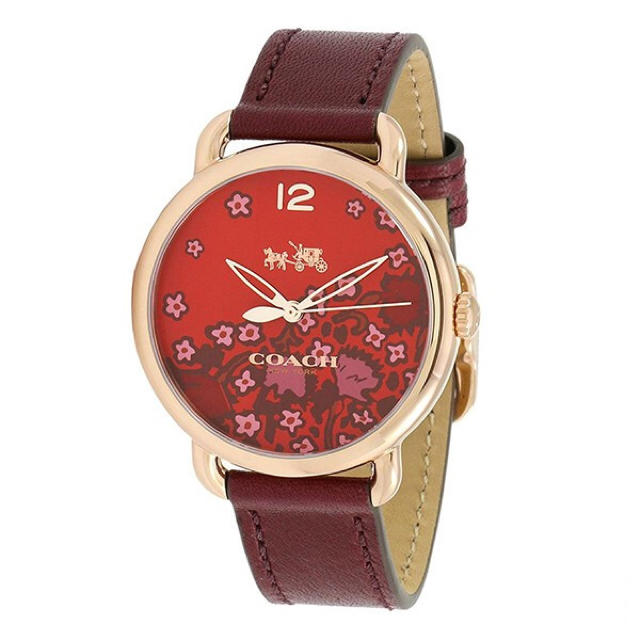 新品 COACH 腕時計 レディース バーガンディカラー 花柄文字盤 印象的レザー色