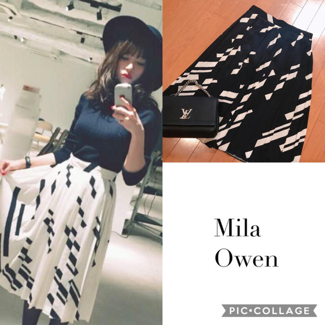 Mila Owen(ミラオーウェン)の【こじはる着用】Mila Owen プリーツ 幾何学柄 スカート レディースのスカート(ひざ丈スカート)の商品写真