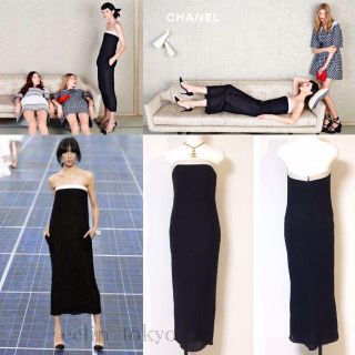 シャネル(CHANEL)のシャネル ラメ入り ニット レザー ベアトップ ワンピース ポケット付 E439(ロングワンピース/マキシワンピース)